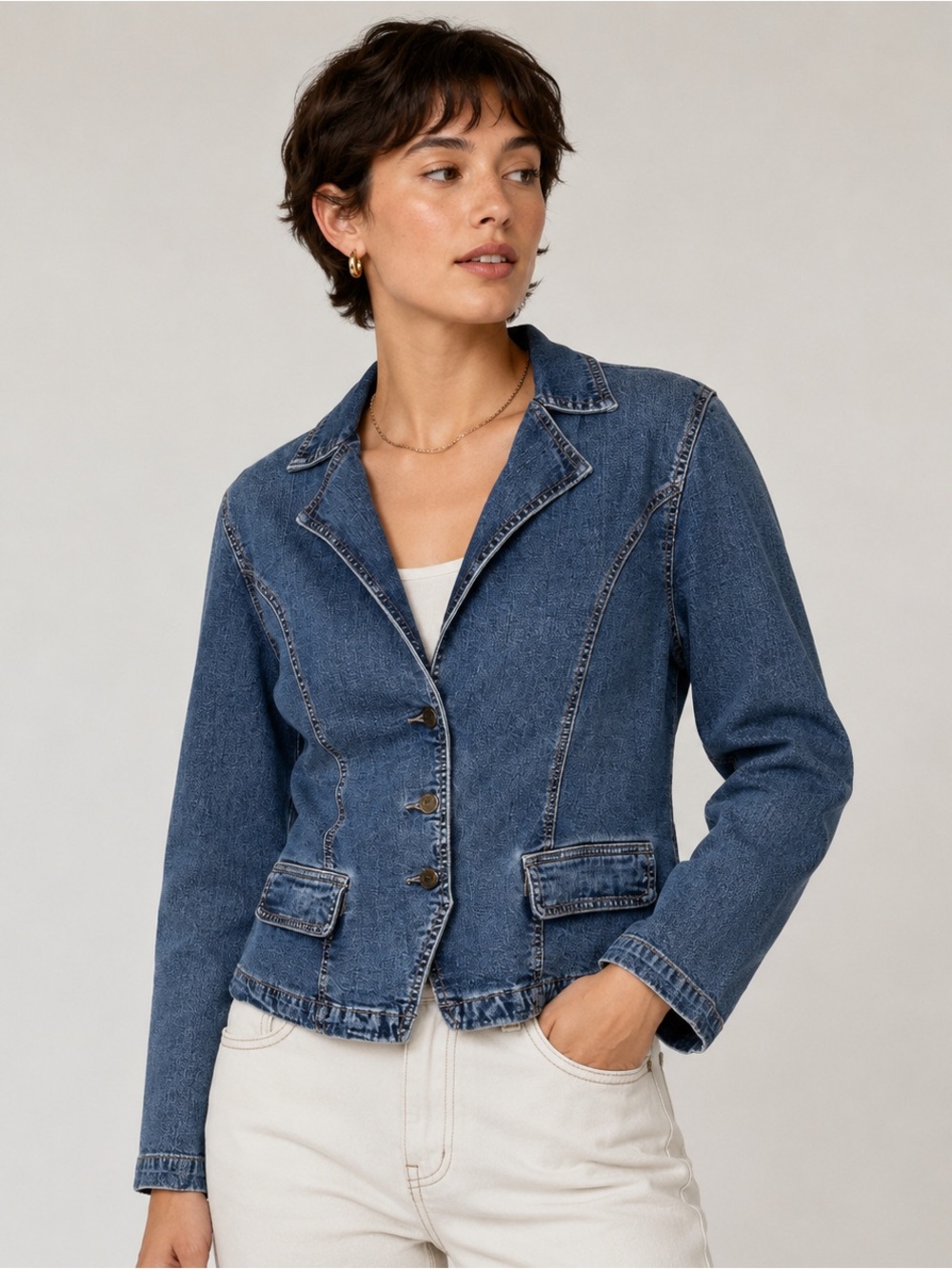 Ethyl Vintage Denim Blazer Jacket ~ Women's LARGE ~Medium Wash Stretch Y2K Retro